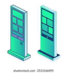 Terminal interactiva isométrica del metro o de la estación de tren aislada en el fondo blanco. Proporcionar información a los pasajeros sobre la compra de billetes. Ilustración vectorial.