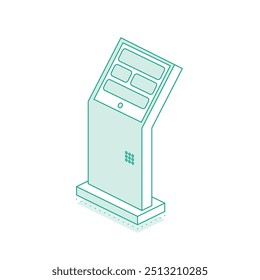 Terminal interactiva isométrica del metro o de la estación de tren aislada en el fondo blanco. Proporcionar información a los pasajeros sobre la compra de billetes. Ilustración vectorial.