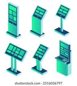 Isometrische interaktive Terminalsammlung für U-Bahn oder Bahnhof einzeln auf weißem Hintergrund. Bereitstellung von Informationen für Fluggäste über den Kauf von Flugtickets. Vektorgrafik.