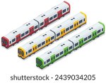 Isometric Subway underground train. High quality city transport. People Passangers In Subway. Commuting passengers. Subway train collection. Vehicles designed to carry large numbers of passengers.