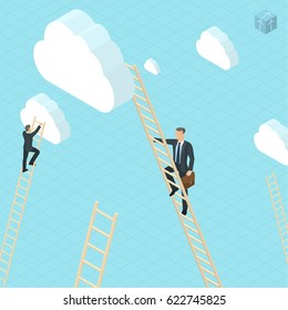 Isometric success competition career concept with businessmen ladder climbing to the clouds. Vector template for banner, presentation, infographics and brochure cover.