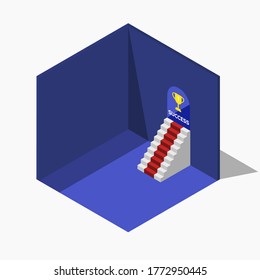 Isometric success room vector template graphic design, victory layout with go upstairs,cup and red carpet. Eps 10 vector