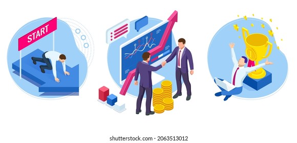 Isometric Successful business collaboration. B2B. Data and key performance indicators for business intelligence analytics. Businessmen shaking hands