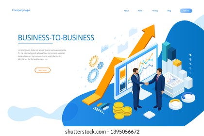 Isometric Successful business collaboration. Businessmen shaking hands. B2B. Data and key performance indicators for business intelligence analytics