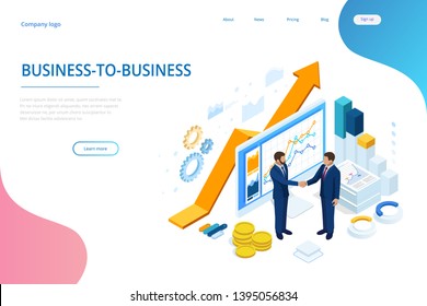 Isometric Successful business collaboration. Businessmen shaking hands. B2B. Data and key performance indicators for business intelligence analytics