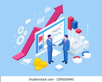 Isometric Successful business collaboration. Businessmen shaking hands. B2B. Data and key performance indicators for business intelligence analytics