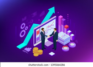 Isometric Successful business collaboration. Businessmen shaking hands. B2B. Data and key performance indicators for business intelligence analytics