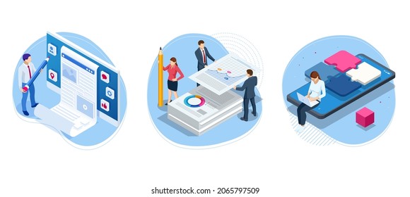 Isometric Successful business collaboration. Isometric concept of business analysis, analytics, research, strategy statistic, planning, marketing, study of performance indicators.