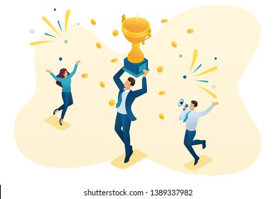 Isometric successful businessman celebrating a victory, and to triumph in Cup winners. Concept for web design.