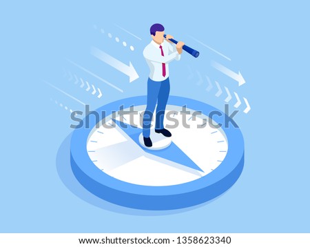 Isometric successful businessman standing and looking through a telescope. Risk in business or Perspective business planning, career opportunities, and career ladder