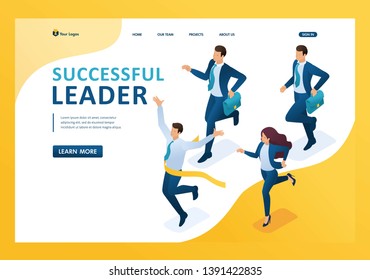 Isometric Successful leader, leading the race, winning at any cost. Template landing page.