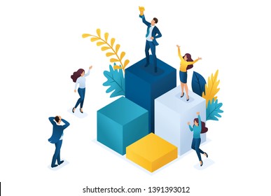 Isometric successful leader on the podium with a prize, the team enjoys success. Concept for web design.