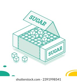 Cubos de azúcar isométricos en la caja. Icono de contorno aislado en fondo blanco. Ilustración vectorial.