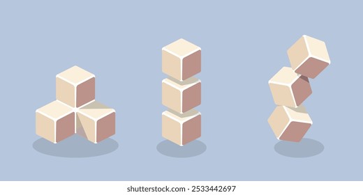 Cubos de azúcar isométricos de diferentes configuraciones sobre un fondo púrpura, estilo minimalista.