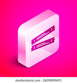 Isometric Sugar stick packets icon isolated on pink background. Blank individual package for bulk food products as coffee, salt, spices. Silver square button. Vector