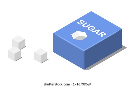 Isometric Suger Bag With Sugar Cubes Isolated On White Background.