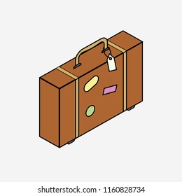 Isometric suitcase. Brown leather suitcase in 3d. Travel concept. Case with travel stockers.