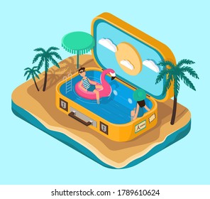 Isometric suitcase with pool and people