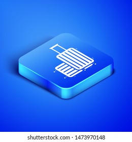 Isometric Suitcase for travel icon isolated on blue background. Traveling baggage sign. Travel luggage icon. Blue square button. Vector Illustration