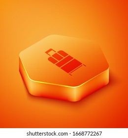 Isometric Suitcase for travel icon isolated on orange background. Traveling baggage sign. Travel luggage icon. Orange hexagon button. Vector Illustration