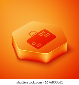 Isometric Suitcase for travel icon isolated on orange background. Traveling baggage sign. Travel luggage icon. Orange hexagon button. Vector Illustration