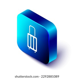 Isometric Suitcase for travel icon isolated on white background. Traveling baggage sign. Travel luggage icon. Blue square button. Vector Illustration