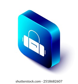 Isometric Suitcase for travel icon isolated on white background. Traveling baggage sign. Travel luggage icon. Blue square button. Vector Illustration