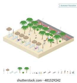 Isometric summer beach. City bordered by beach + object isolated on white background. Vector illustration.