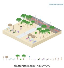 Isometric summer beach. City bordered by beach + object isolated on white background. Vector illustration.