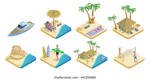 Isometric summer beach elements set with boat tourists palms bungalow surfing volleyball sand castle sunbathing isolated vector illustration