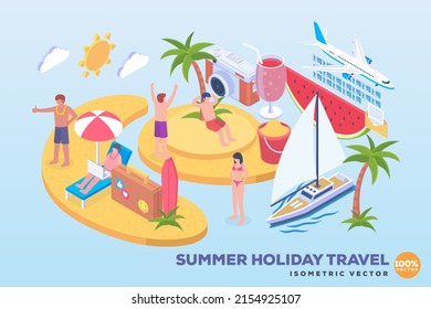 isometric summer beach holiday vector concept