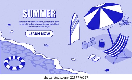 Isometric summer beach. Umbrella with deck chair on coast near surfboard. Holidays in tropical and exotic countries. Resort and paradise. Landing page design. Cartoon vector illustration