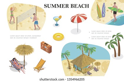 Isometric summer beach vacation concept with recliner bag cocktail umbrella lifebuoy palm trees man holding surfboard house bungalow people playing volleyball vector illustration