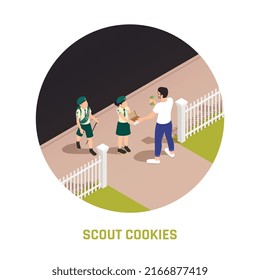 Isometrische Sommerlager-Scouts rund um die Komposition mit Jungen und Mädchen, die Cookies verkaufen 3D-Vektorgrafik