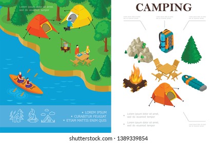 Isometric summer camping concept with people resting by the river and paddling in kayak vector illustration