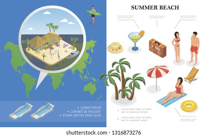 Isometric summer holiday concept with hat cocktail bag lifebuoy recliner palm trees people rest near bungalow hotel on beach vector illustration