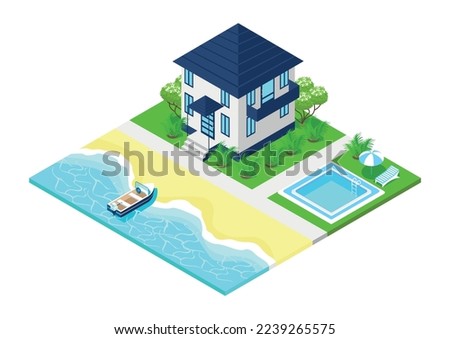 Isometric summer house on a white background.Real estate sale and rent. A colorful image of a two-story private house with a swimming pool on the seashore.