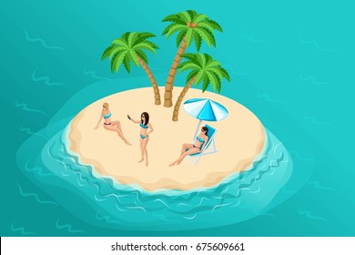 Isometric summer illustration with a paradise island for a travel company, advertising a holiday with 3D sun-tanned girls in bright swimsuits and making selfies.