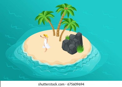 Isometric summer illustration with a paradise island for a travel company, a vacation advertisement with a 3D girl in a quiet wild island with palm trees and rocks.