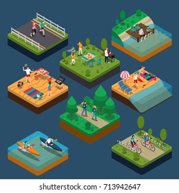 Isometric Summer Outdoor Activity People Composition With People Who Lead A Sportive Lifestyle Vector Illustration