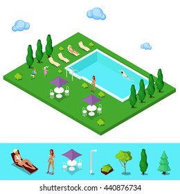 Isometric Summer People near the Outside Swimming Pool. Vector illustration