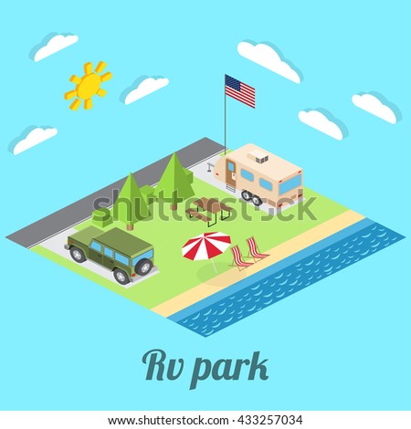 Isometric summer RV camping on cost of Pacific ocean. Isometric vector illustration of car and travel trailers. Summer trip family travel concept.