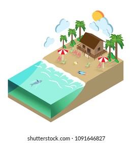 isometric summer sea beach holiday clouds ocean vacation sand surfboard bungalow 
tropical scuba resort exterior seashore seaside three dimensional