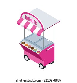 Isometric Summer Street Cart Selling Donuts And Cookies 3d Vector Illustration