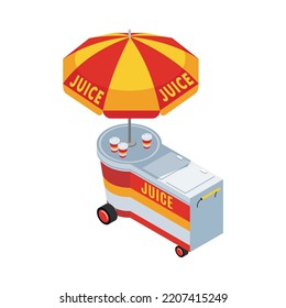 Isometric Summer Street Cart With Umbrella Vending Drinks Juice 3d Vector Illustration