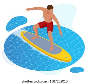 Isometric Summer Surfer. Surfer on Blue Ocean Wave Isolated on white background.