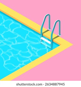 Isometric summer swimming pool with metal ladder vibrant turquoise water yellow edge and pink deck in minimal retro style 3d illustration of outdoor leisure scene with clean design and bright colors