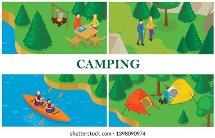 Isometric summer tourism colorful composition with people cooking food placing tent doing kayaking and hiking vector illustration