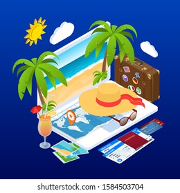 Isometric Summer Vacation concept. Online ticket booking. Internet e-commerce, travel and technology. People traveling on vacation holiday in summer season