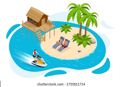 Isometric Summer Vacation concept. Summer time. Luxury overwater thatched roof bungalow in a honeymoon vacation resort in the clear blue lagoon with a view on the tropical island. Tropical vacations